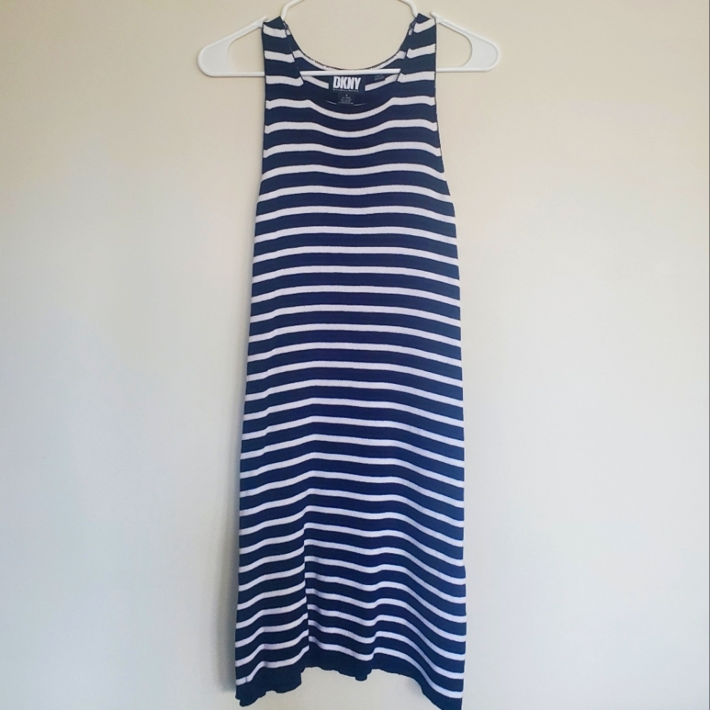 Women's Knit DNKY Navy Blue & White Striped Dress